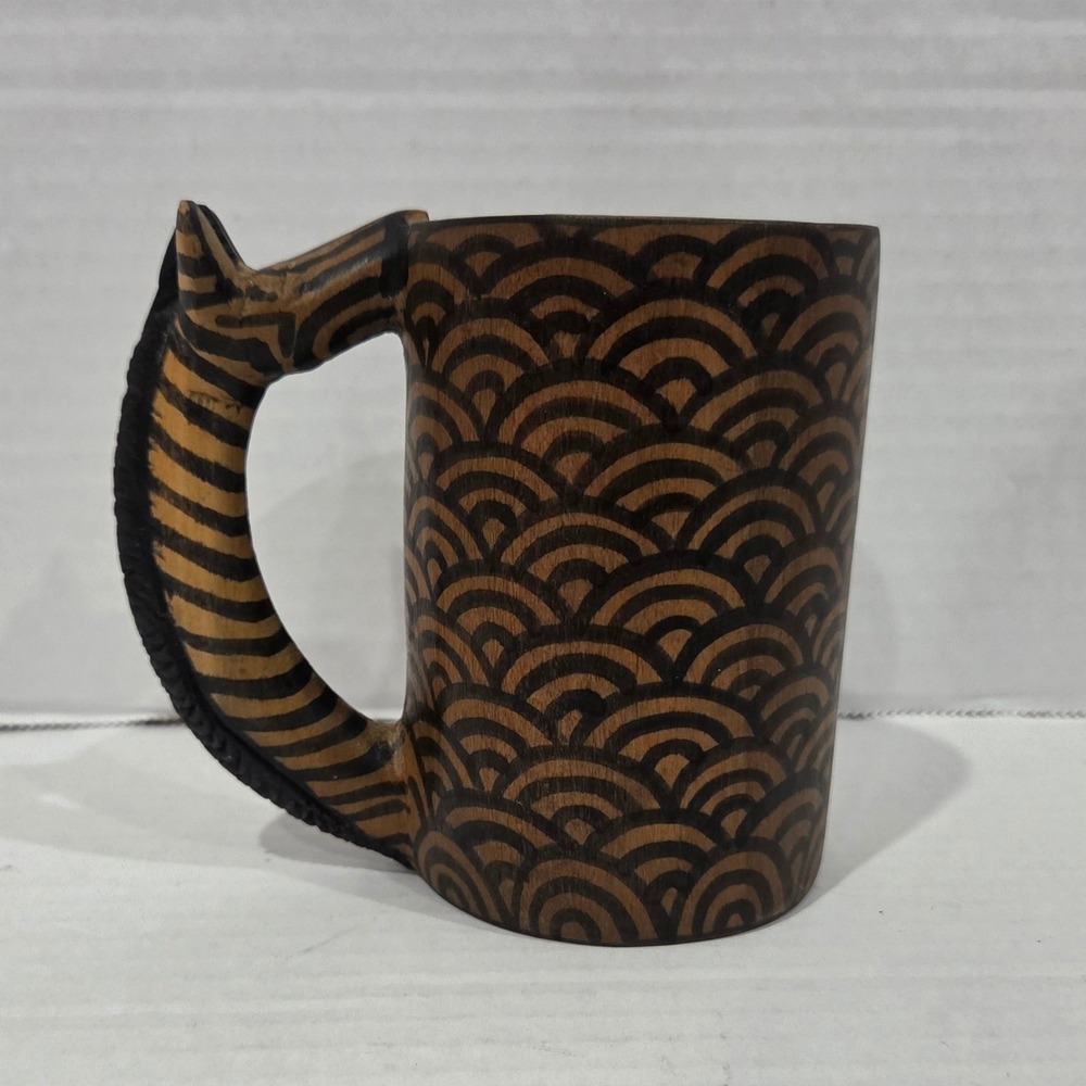 Hand Carved Wooden Mug Zebra Handle Scalloped Wave Pattern Etched Decor